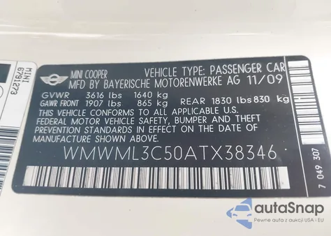 2010 Mini Cooper Clubman z USA, uszkodzony, nr VIN WMWML3C50ATX38346